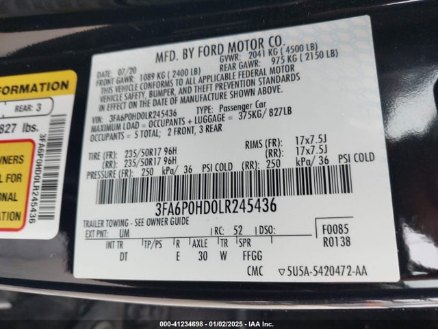Ford FUSION SE 2020 3FA6P0HD0LR245436 Image 9