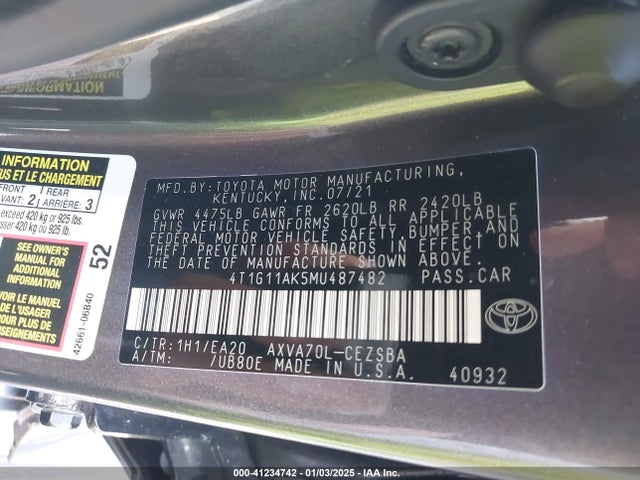 Toyota CAMRY SE 2021 4T1G11AK5MU487482 Image 9
