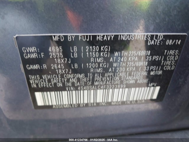 Subaru Outback 2.5i Limited 2015 4S4BSALC4F3223899 Image 9