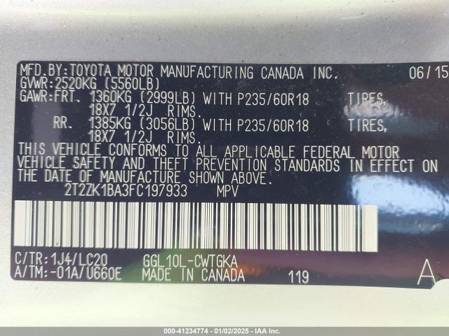 2T2ZK1BA3FC197933 Lexus RX 350