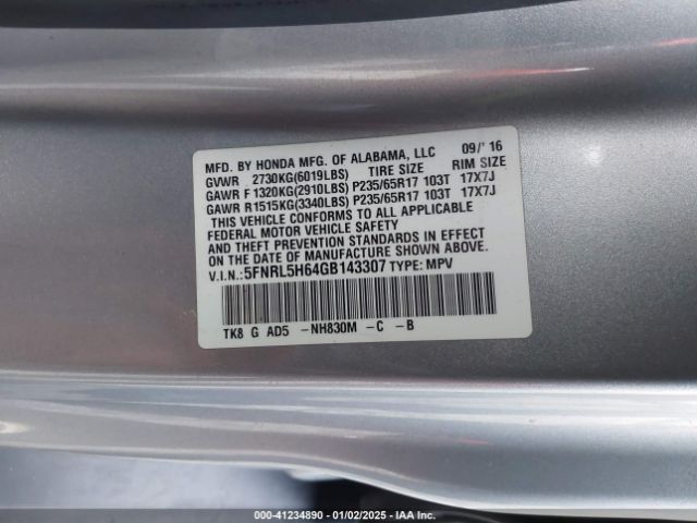 5FNRL5H64GB143307 Honda Odyssey Ex-l