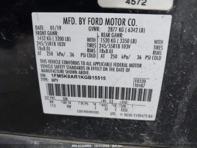 1FM5K8AR1KGB15515 Ford Police Interceptor