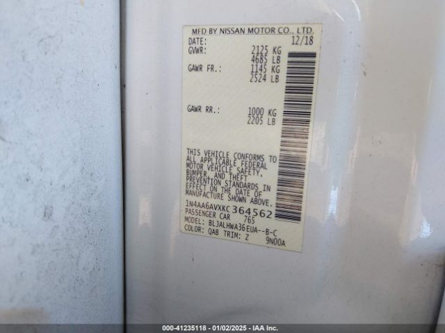 1N4AA6AVXKC364562 Nissan Maxima 3.5 Platinum