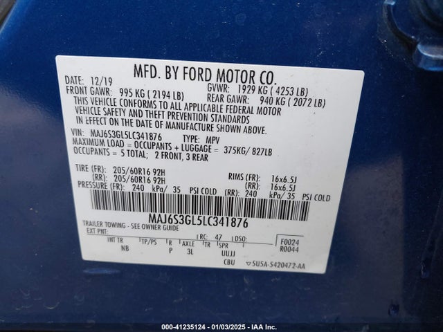 MAJ6S3GL5LC341876 Ford Ecosport Se