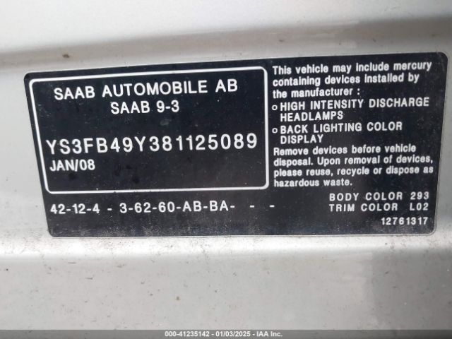 2008 SAAB 9-3 YS3FB49Y381125089 Photo 8
