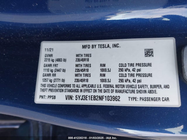 2022 TESLA MODEL 3 5YJ3E1EB2NF103962 Photo 8