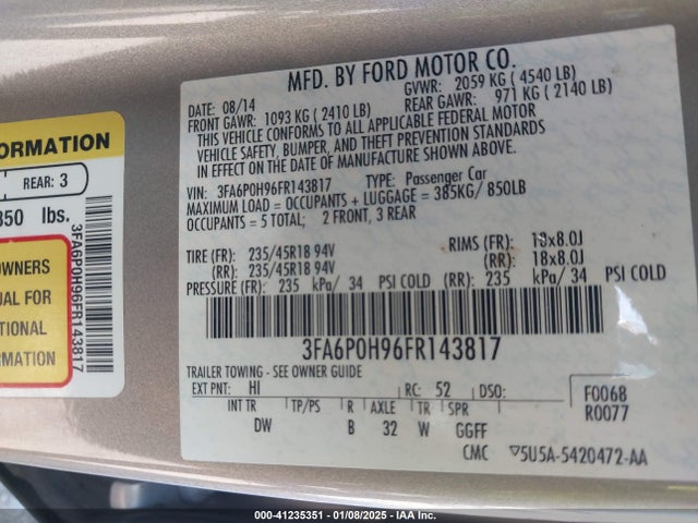 Ford FUSION SE 2015 3FA6P0H96FR143817 Image 9