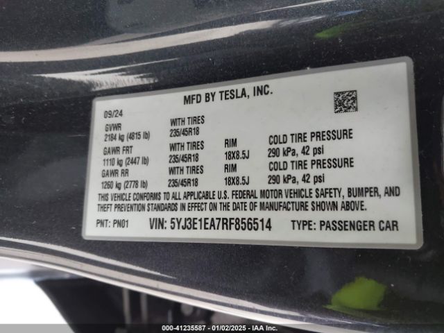 5YJ3E1EA7RF856514 Tesla Model 3 Long Range Dual Motor All-wheel Drive/rear-wheel Drive