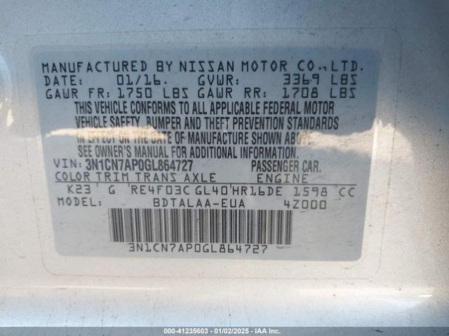 3N1CN7AP0GL864727 Nissan Versa 1.6 S