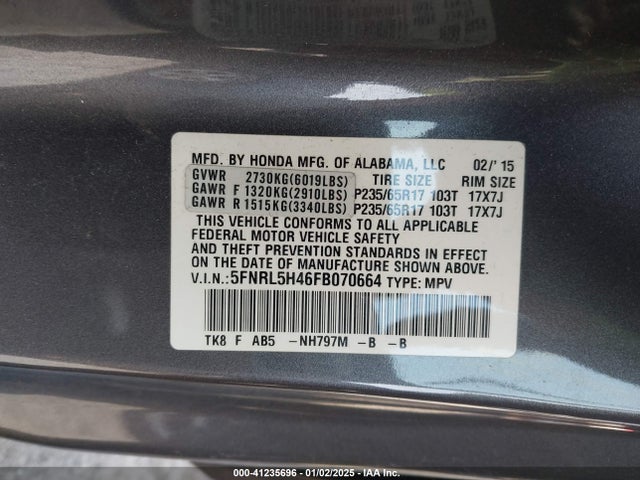 Honda ODYSSEY EX 2015 5FNRL5H46FB070664 Image 9