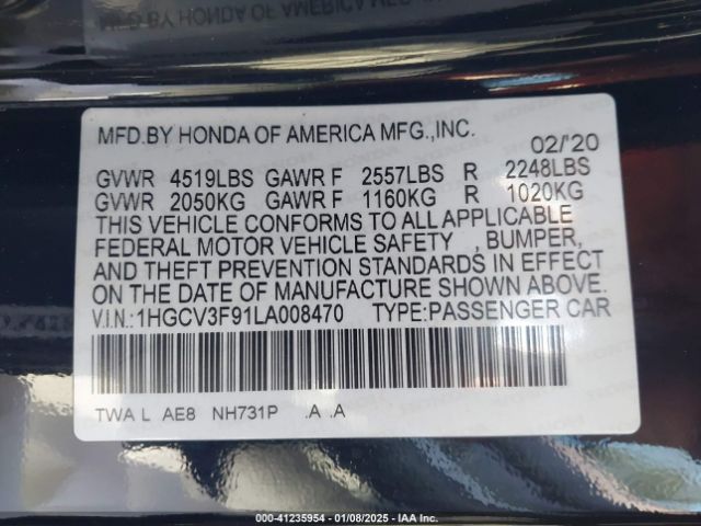1HGCV3F91LA008470 Honda Accord Hybrid Touring