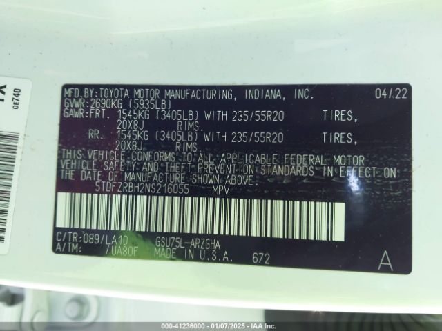5TDFZRBH2NS216055 Toyota Highlander Platinum