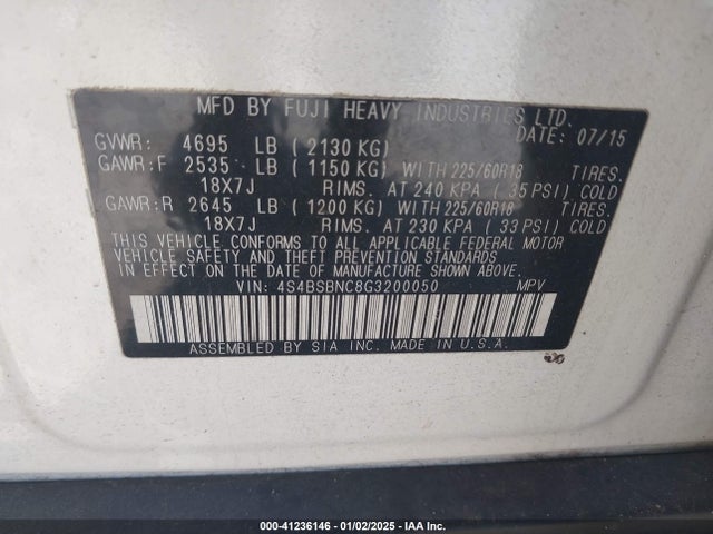 Subaru Outback 2.5i Limited 2016 4S4BSBNC8G3200050 Image 9