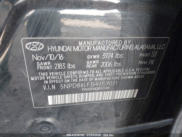 5NPD84LF3HH159031 Hyundai ELANTRA SE