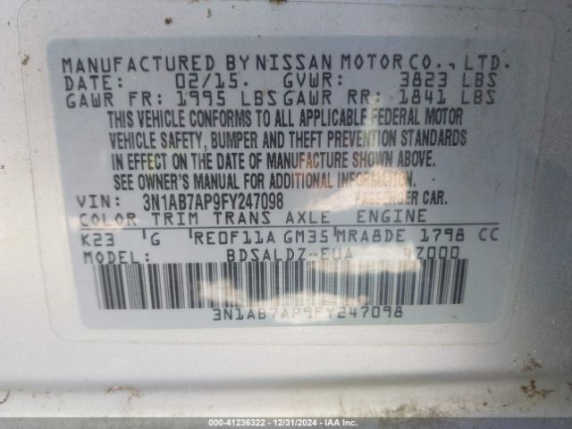 3N1AB7AP9FY247098 Nissan Sentra Fe+ S/s/sl/sr/sv