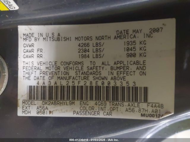 2008 MITSUBISHI ECLIPSE SPYDER 4A3AL25F28E003353 Photo 8