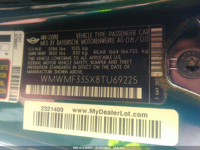 2008 MINI COOPER WMWMF335X8TU69225 Photo 8