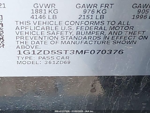 1G1ZD5ST3MF070376 Chevrolet Malibu Fwd Lt