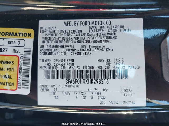 Ford FUSION SE 2017 3FA6P0HDXHR298216 Image 9