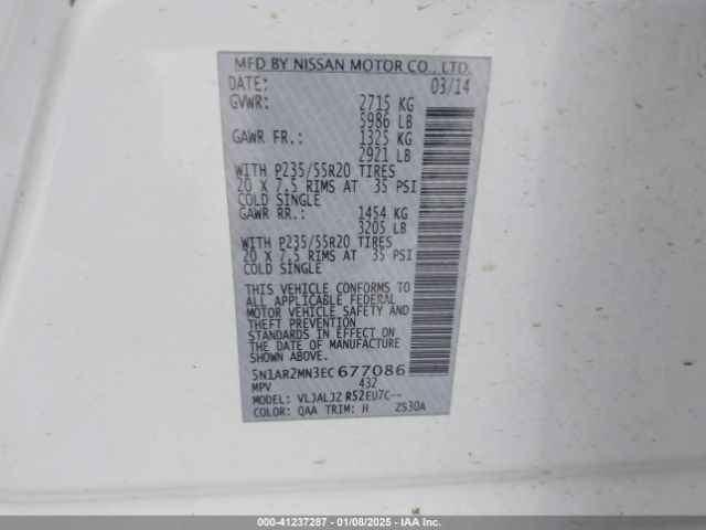 5N1AR2MN3EC677086 Nissan Pathfinder Platinum/s/sl/sv