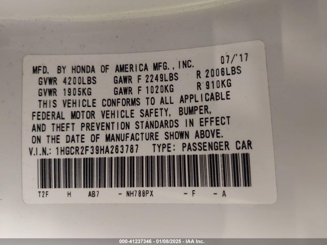 Honda ACCORD LX 2017 1HGCR2F39HA263787 Image 9