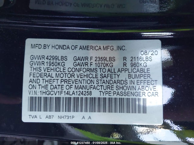 Honda ACCORD LX 2020 1HGCV1F14LA124258 Image 9