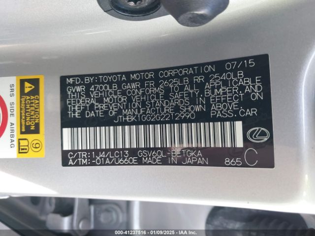 JTHBK1GG2G2212990 Lexus ES 350