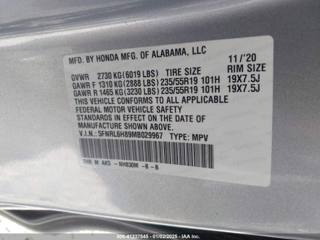5FNRL6H89MB029967 Honda Odyssey Touring