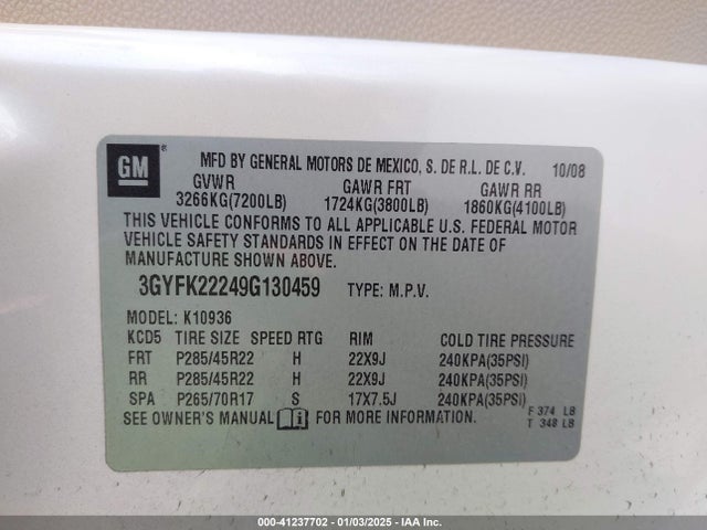 2009 CADILLAC ESCALADE EXT 3GYFK22249G130459 Photo 8