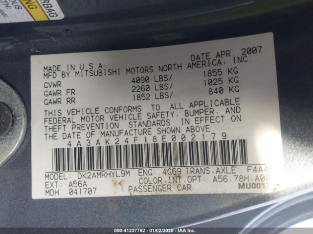 2008 MITSUBISHI ECLIPSE 4A3AK24F18E002179 Photo 8