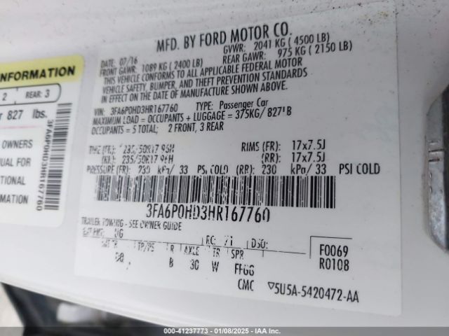 3FA6P0HD3HR167760 Ford FUSION SE