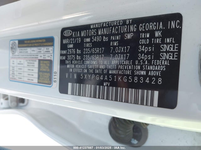 5XYPG4A51KG583428 KIA Sorento 3.3l Lx