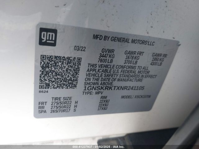 1GNSKRKTXNR241105 Chevrolet Tahoe 4wd Rst