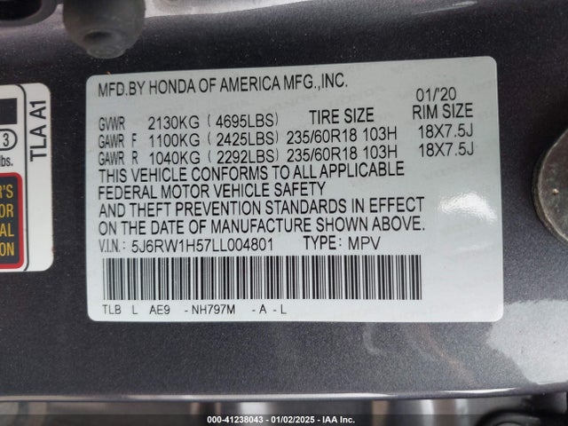 Honda Cr-v 2wd Ex 2020 5J6RW1H57LL004801 Image 9