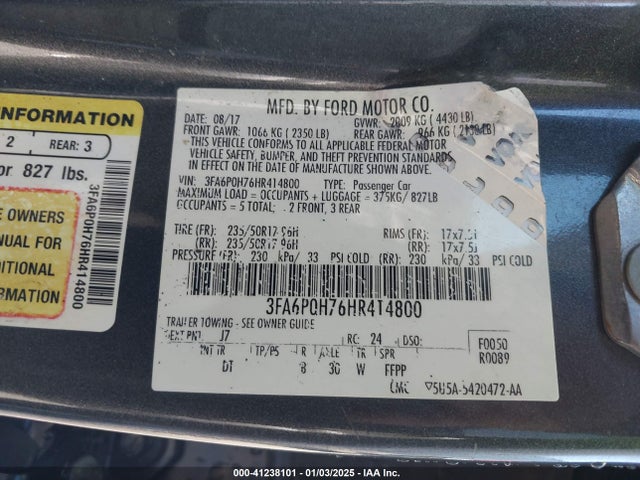 Ford FUSION SE 2017 3FA6P0H76HR414800 Image 9