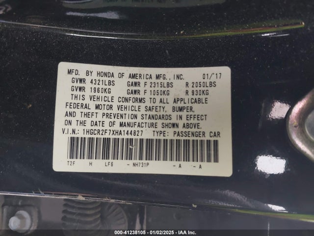 Honda ACCORD EX 2017 1HGCR2F7XHA144827 Image 9