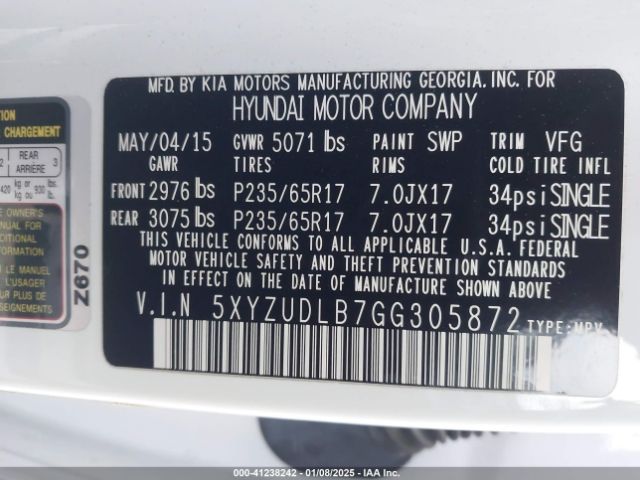 5XYZUDLB7GG305872 Hyundai Santa Fe Sport 2.4l