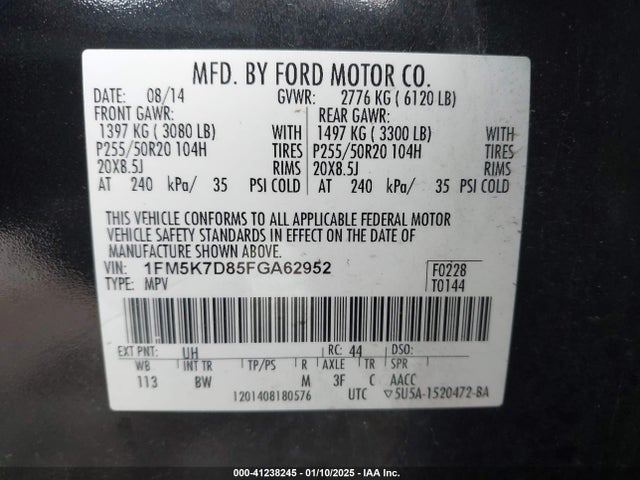 Ford EXPLORER XLT 2015 1FM5K7D85FGA62952 Image 9