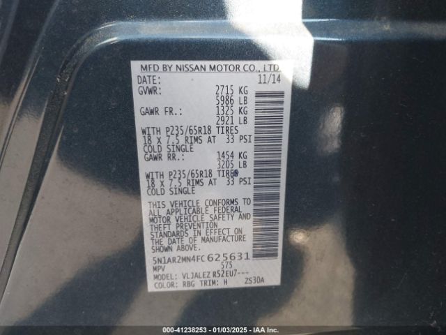 5N1AR2MN4FC625631 Nissan Pathfinder Platinum/s/sl/sv