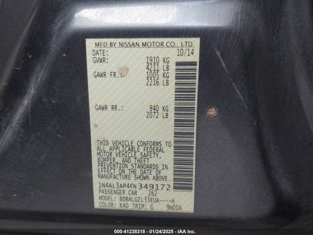 Nissan Altima 2.5 S 2015 1N4AL3AP4FN349172 Image 9