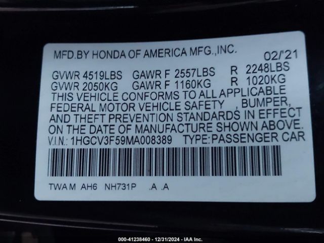 1HGCV3F59MA008389 Honda Accord Hybrid Ex-l