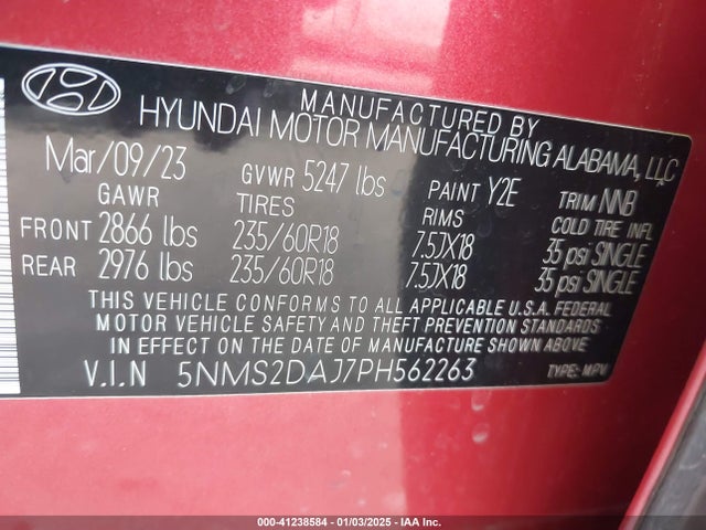 5NMS2DAJ7PH562263 Hyundai Santa Fe Sel
