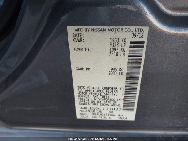1N4BL4DV0KC111037 Nissan Altima 2.5 Sv