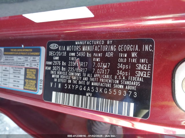 5XYPG4A53KG559373 KIA Sorento 3.3l Lx