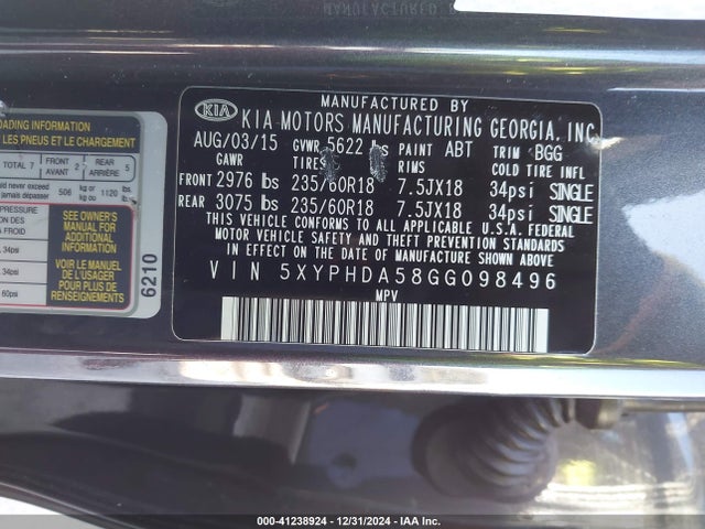 5XYPHDA58GG098496 KIA Sorento 3.3l Ex