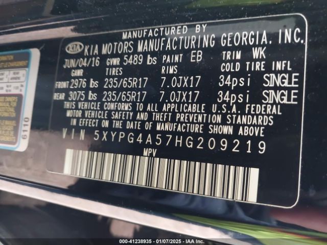 5XYPG4A57HG209219 KIA Sorento 3.3l Lx
