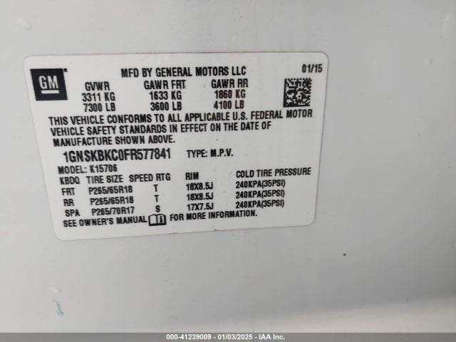 1GNSKBKC0FR577841 Chevrolet Tahoe Lt