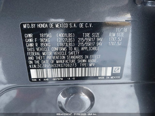 3CZRU5H32KG706273 Honda r18z9