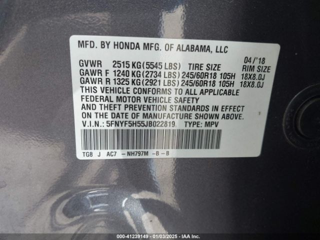 5FNYF5H55JB022819 Honda Pilot Ex-l