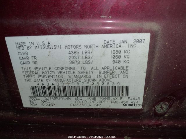2007 MITSUBISHI GALANT 4A3AB36F87E060839 Photo 8